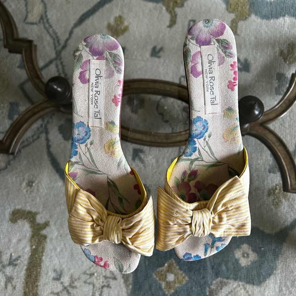 Olivia Rose Tal Yellow Striped Silk Bow Slide Mules